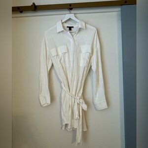 NWT White Button-Up Belted Shirt Mini Dress, White Cover-up Dress, Shirt Dress
